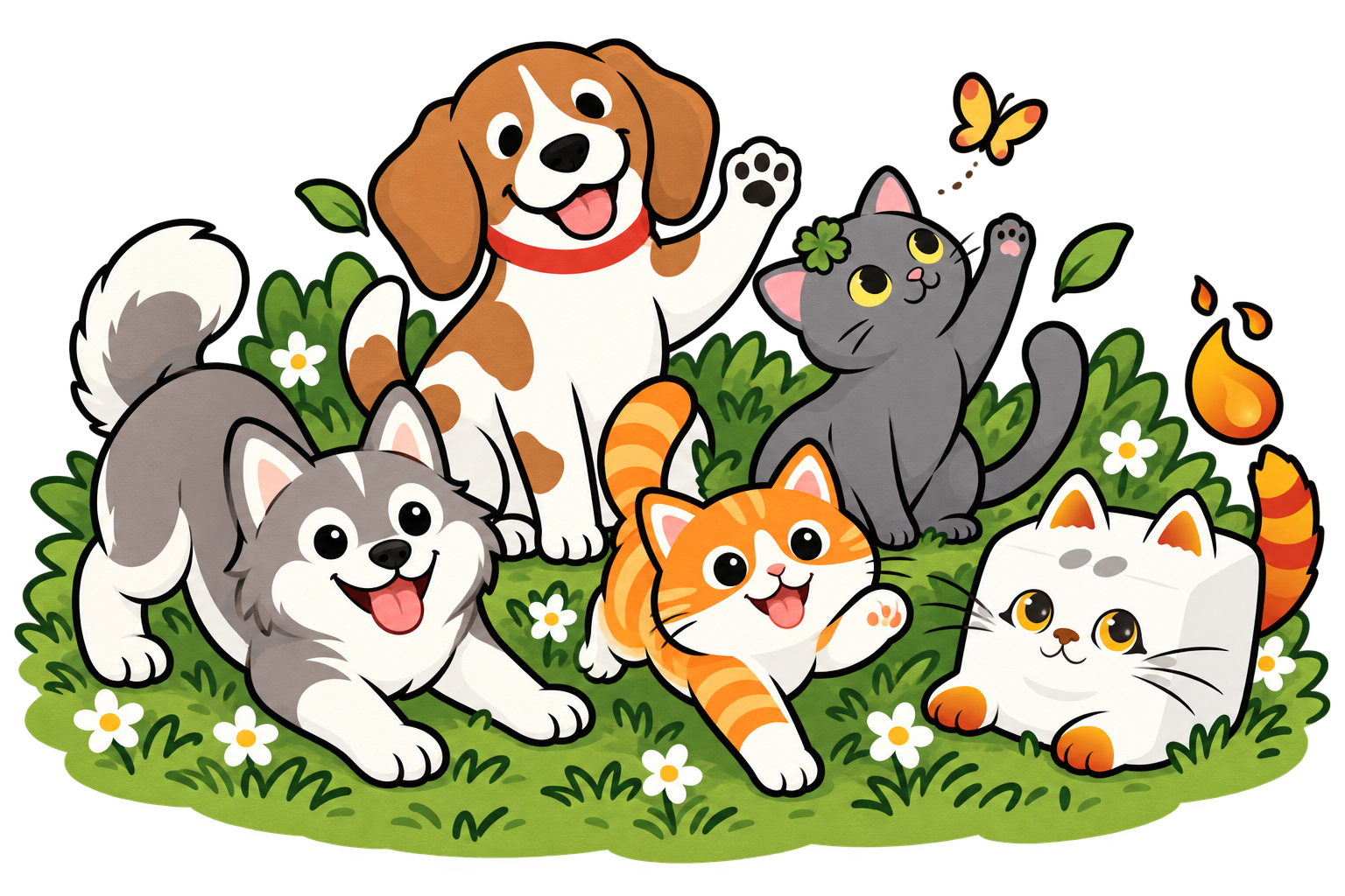 เหล่ามาสคอต Dog Days, Clover, Buddy Budder และ Magma เล่นด้วยกัน